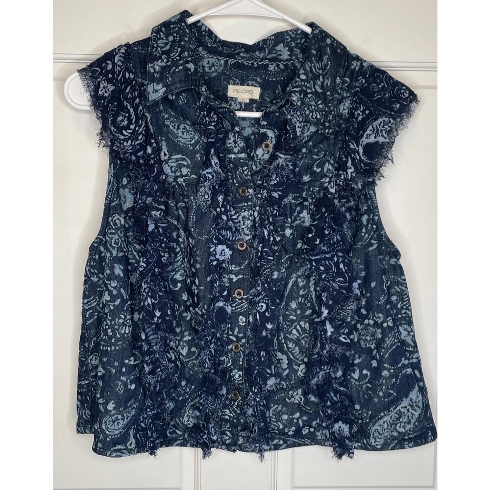 Anthropologie Pilcro Women's Button Down Denim Top Sz XS Chiffon Ruffles Boho